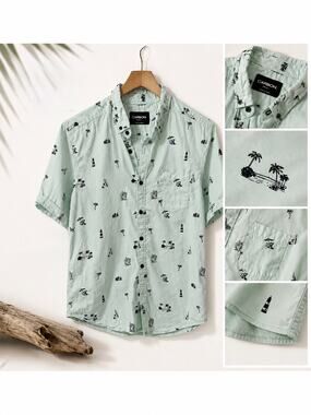 Mens Carbon Casual Button Front Pale Green Short Sleeve Shirt Cacti Lighthouses